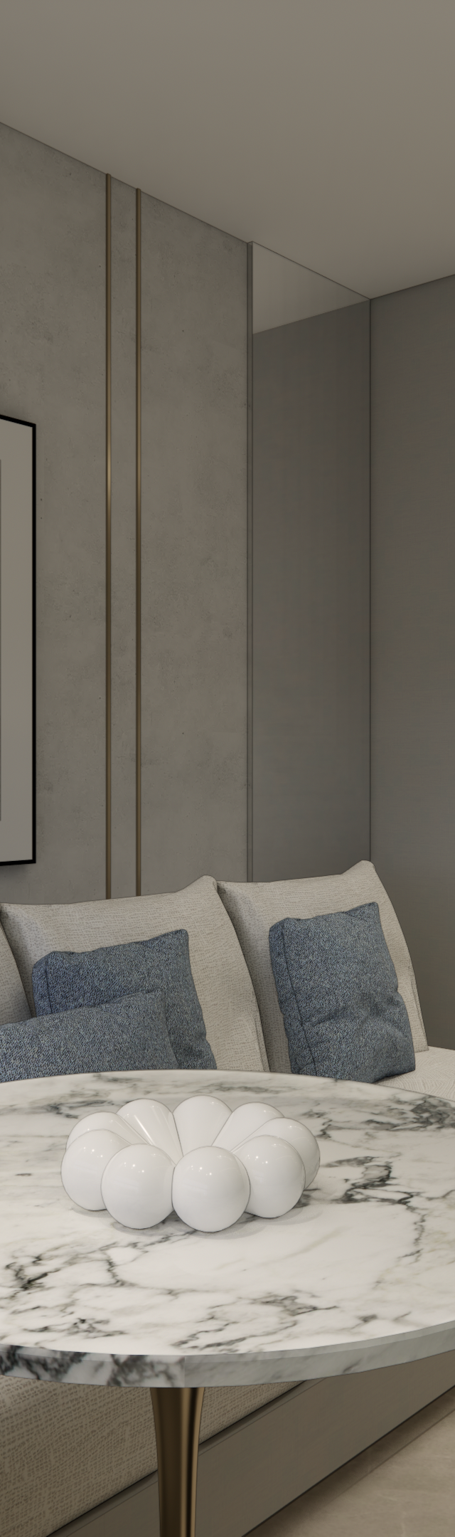 Render 3D de sala e cozinha integradas, sofá com almofadas azuis, mesa de mármore, marcenaria cinza e iluminação em trilho