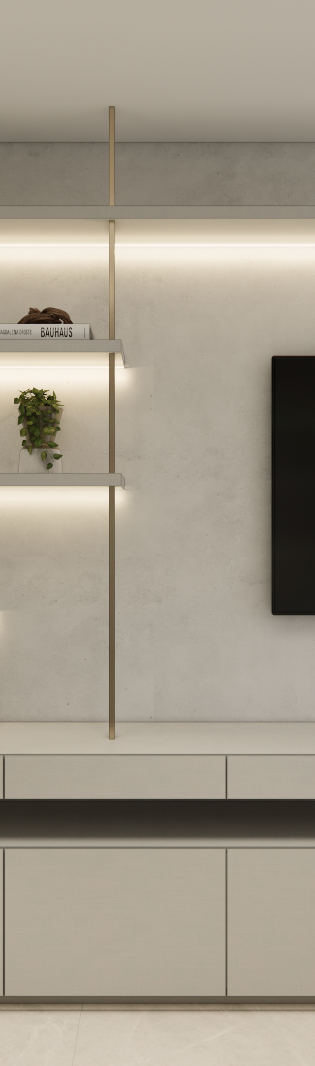 Render 3D de sala no MS - TODAY Vila Mariana, tons neutros, marcenaria cinza, prateleiras em metal dourado e jardim vertical