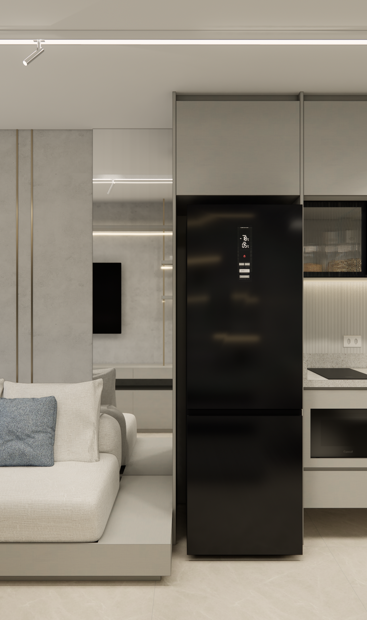 Render 3D de sala e cozinha integradas, marcenaria cinza, geladeira preta, sofá com almofadas azuis e iluminação em trilho