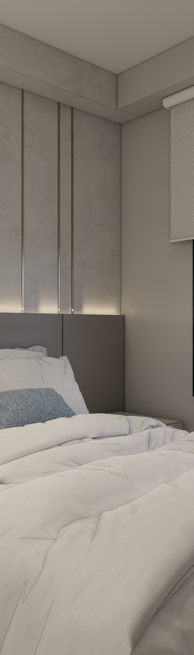 Render 3D de quarto no TODAY Vila Mariana com tons neutros, painel cinza, iluminação indireta e mesa lateral de mármore