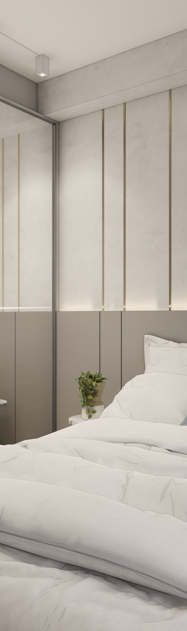 Render 3D de quarto no TODAY Vila Mariana com cama, armário espelhado, painel cinza com frisos dourados e luz indireta