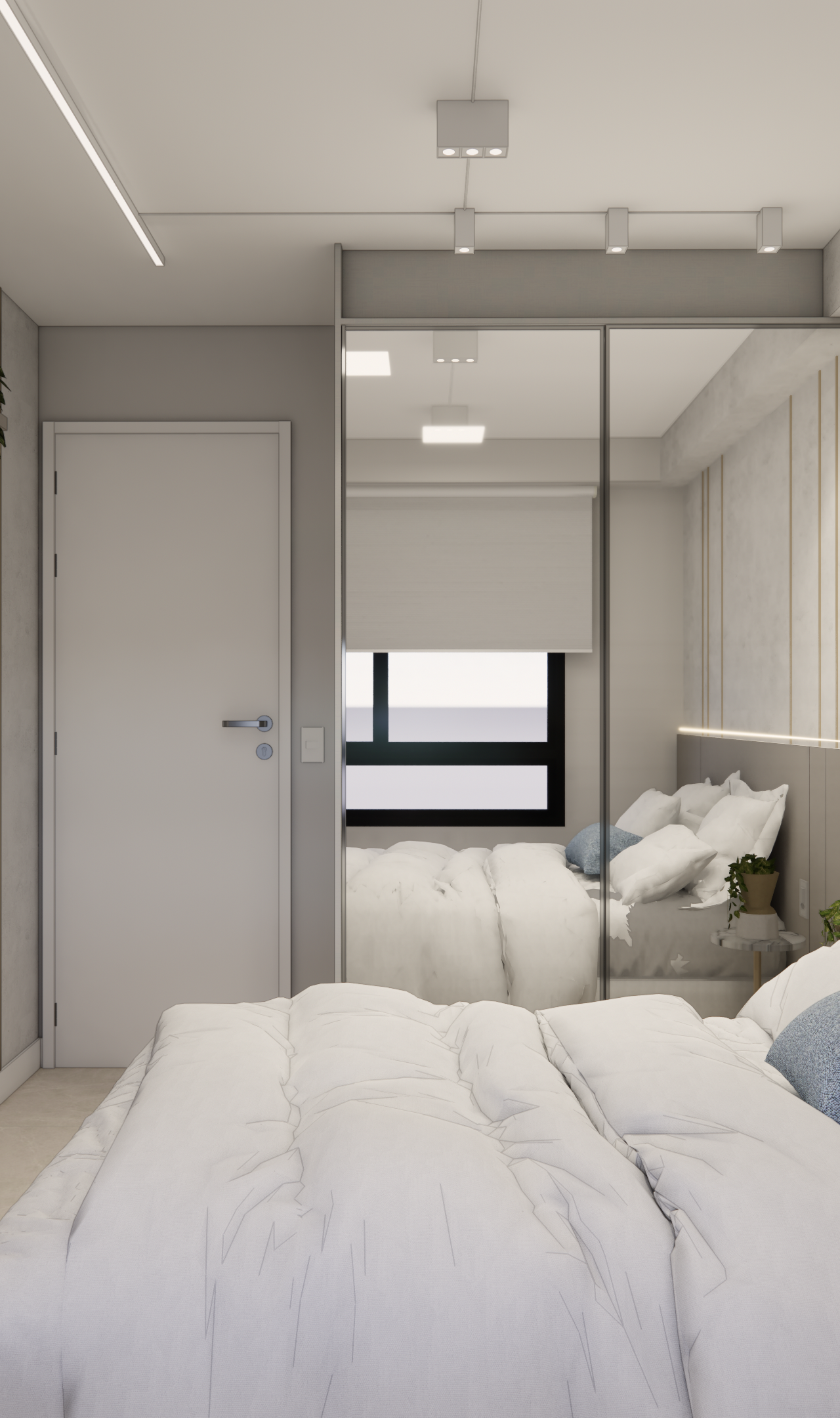 Render 3D de quarto no TODAY Vila Mariana com tons cinzas, marcenaria planejada, espelhos, iluminação LED e cama branca