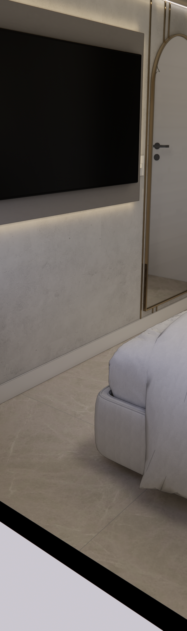 Render 3D de quarto no MS TODAY Vila Mariana com tons neutros, cama de casal, TV, espelho e iluminação indireta quente