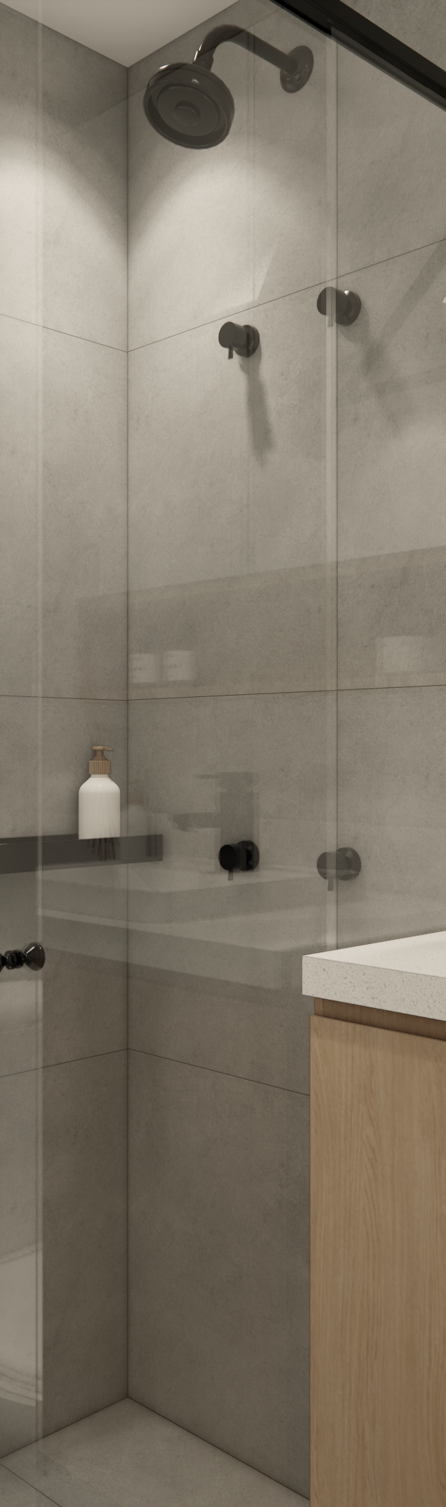 Render 3D de banheiro Vila Mariana com revestimento cinza, box de vidro, marcenaria em madeira clara e metais pretos