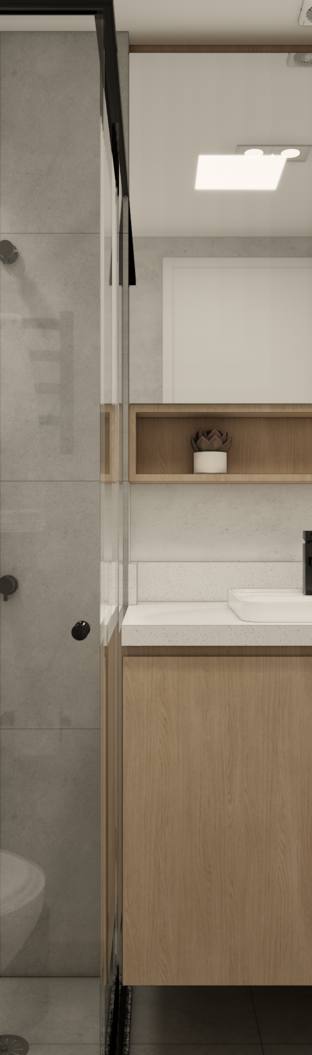 Render 3D de banheiro moderno no MS TODAY Vila Mariana com porcelanato cinza, marcenaria em madeira e metais pretos
