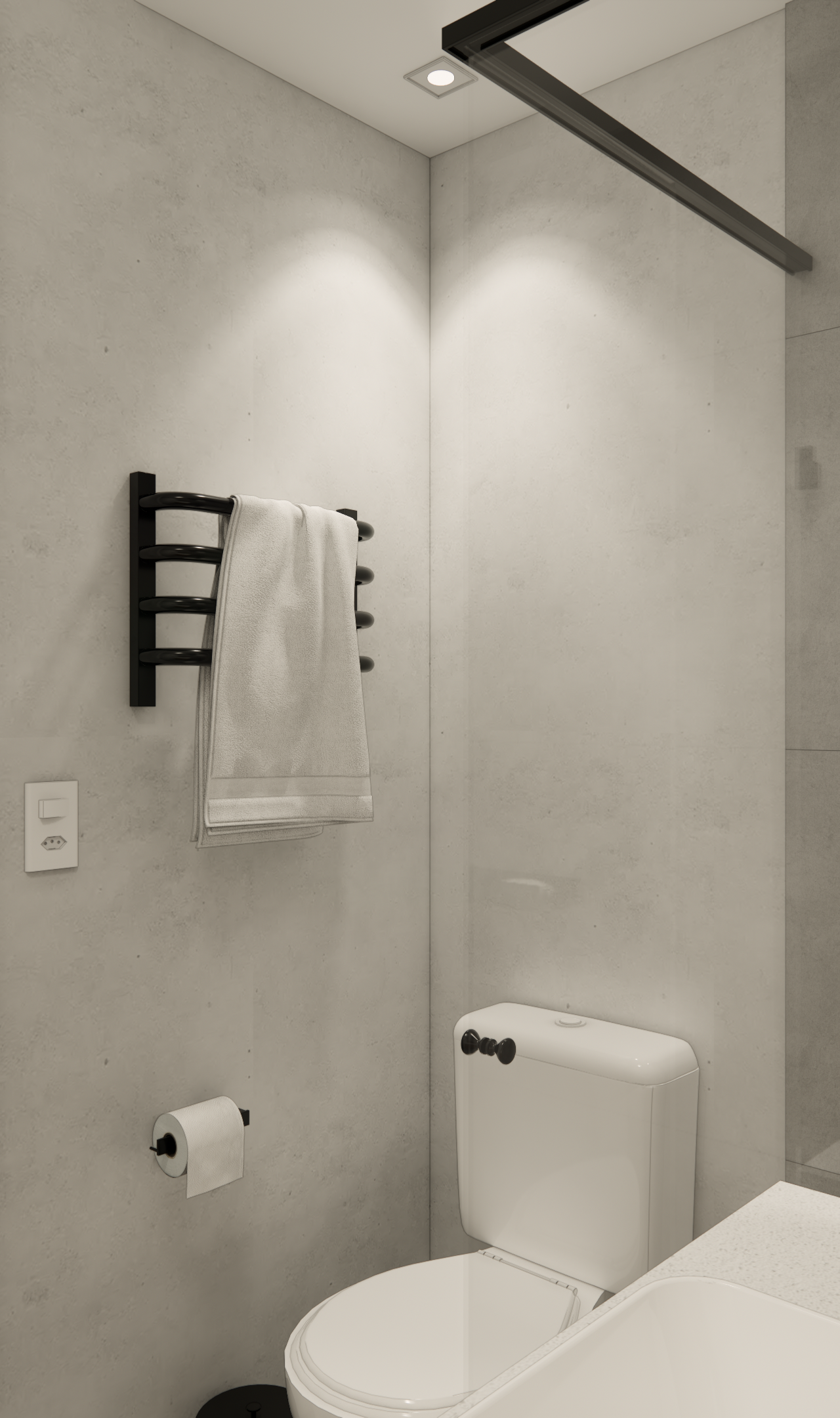 Render 3D de banheiro moderno no MS Today Vila Mariana com tons cinzas, metais pretos, porcelanato e iluminação quente