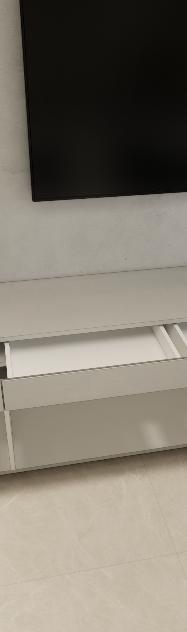 Render 3D de rack cinza com gavetas abertas, prateleiras com iluminação LED, TV, jardim vertical e mesa de mármore lateral