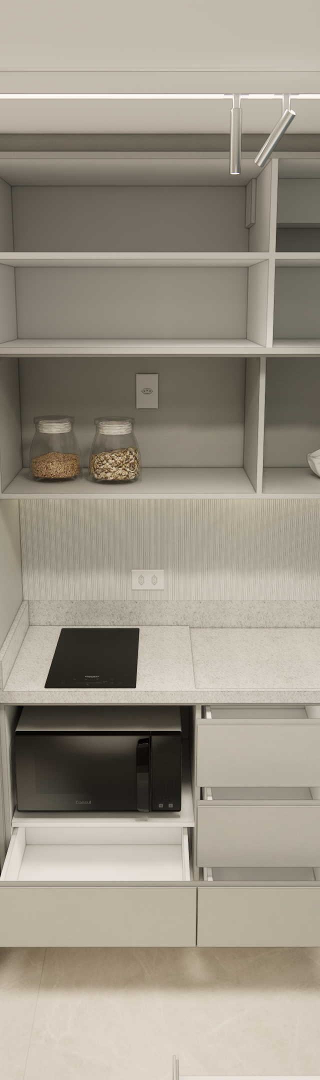 Render 3D de cozinha compacta com marcenaria cinza e azul, geladeira preta, bancada em pedra clara e iluminação em trilho