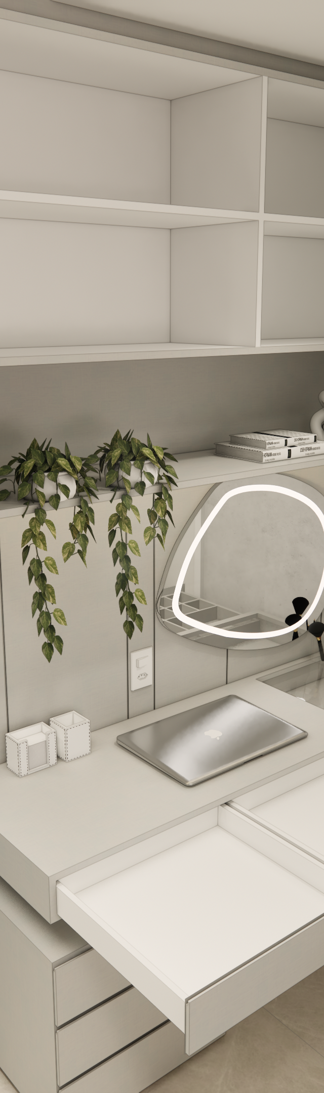 Render 3D de penteadeira com marcenaria cinza, espelho iluminado, prateleiras e detalhes em azul no MS Today Vila Mariana