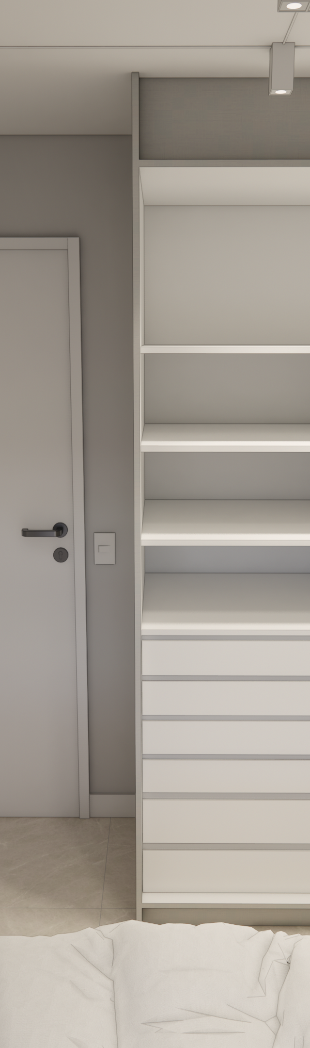 Render 3D de quarto com guarda-roupa branco, espelho arqueado, detalhes dourados, parede cinza e iluminação indireta