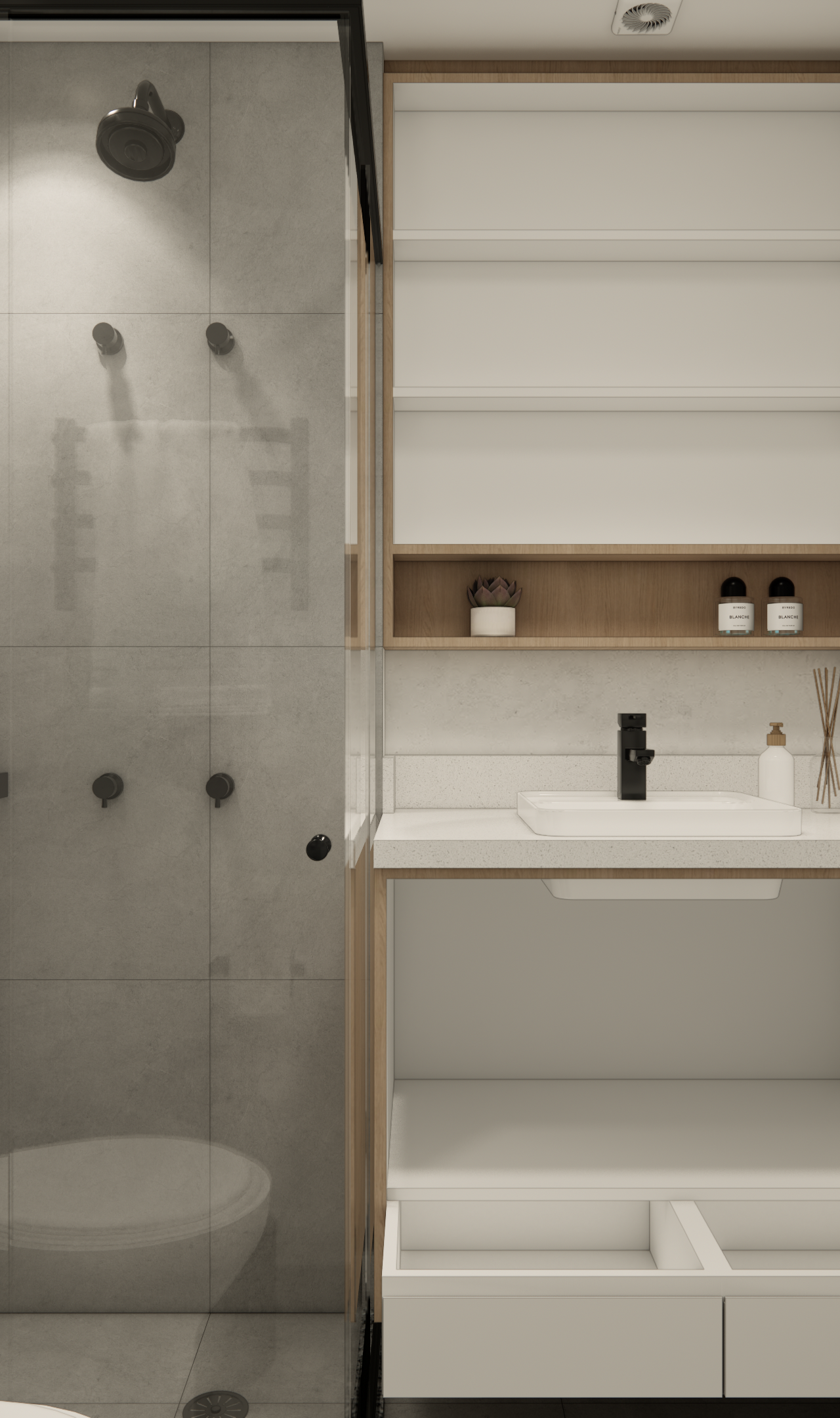 Render 3D de banheiro moderno no MS TODAY Vila Mariana com marcenaria branca e amadeirada, metais pretos e tons cinza