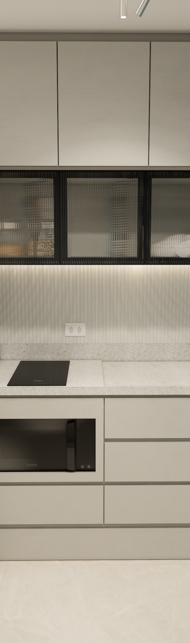 Render 3D de cozinha compacta no MS TODAY Vila Mariana com armários cinza, geladeira preta, bancada clara e parede azul