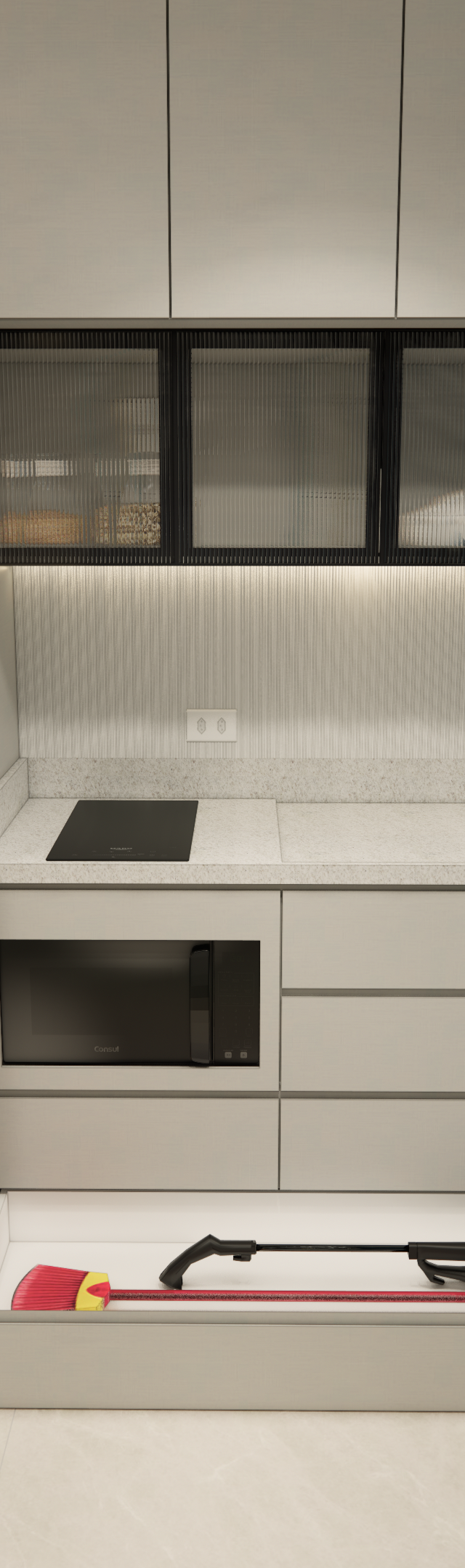 Render 3D de cozinha compacta cinza, geladeira preta, marcenaria planejada, bancada clara e detalhe de gavetão inferior