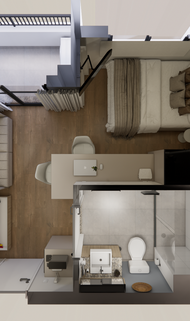Render 3D da planta baixa de estúdio no BN Next One João Cachoeira com tons neutros, piso amadeirado e integração total