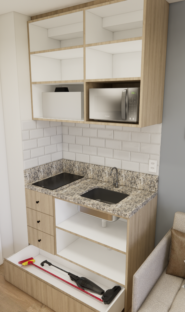 Render 3D de mini cozinha integrada com marcenaria amadeirada, bancada em granito, cooktop e sofá bege com almofadas