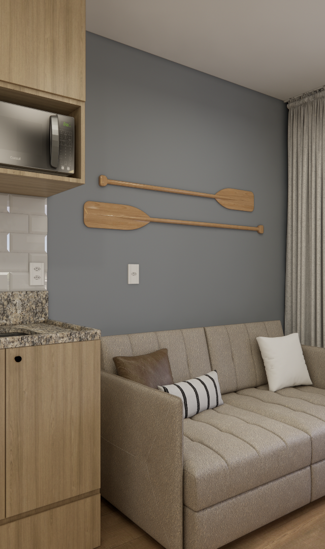 Render 3D de cozinha americana com marcenaria em tom madeira, bancada em granito, sofá bege e parede cinza com remos