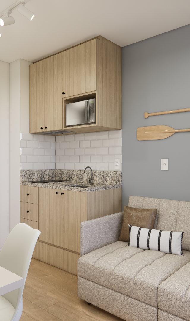 Render 3D de sala e cozinha integradas, marcenaria em madeira clara, sofá bege, parede cinza com remos e luz focal