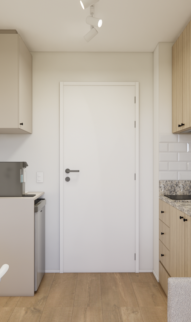 Render 3D de cozinha compacta BN NEXT ONE com marcenaria em madeira clara, bancada em granito, azulejos brancos e iluminação