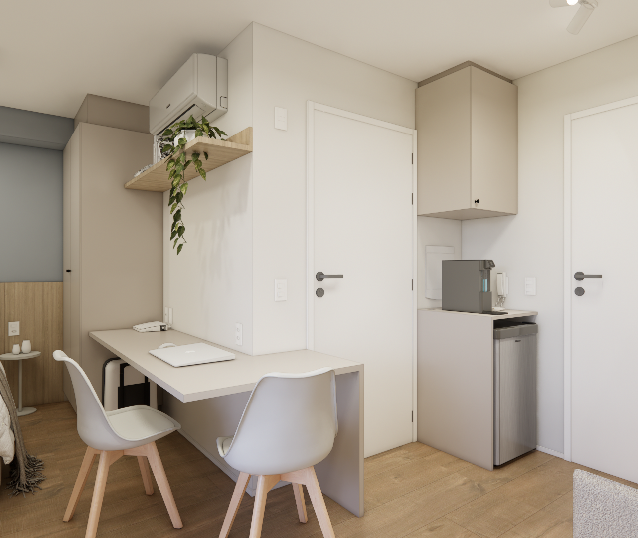 Render 3D de quarto no BN - NEXT ONE JOÃO CACHOEIRA com mesa de trabalho, cadeiras brancas, tons neutros e piso amadeirado