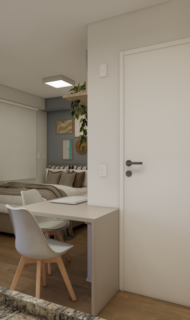 Render 3D de estúdio com quarto, bancada, frigobar, tons neutros, piso amadeirado e acesso à varanda em projeto BN NEXT ONE