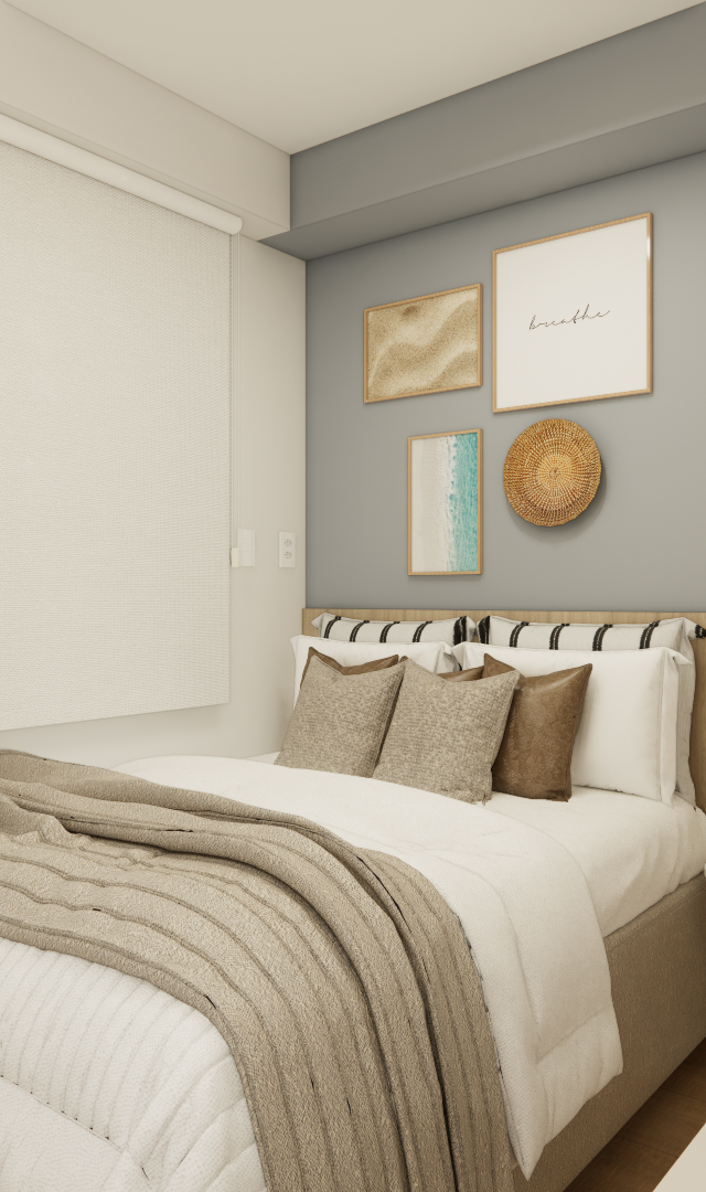 Render 3D de quarto no BN - NEXT ONE JOÃO CACHOEIRA com cama, marcenaria em tons de bege, parede cinza e quadros decorativos