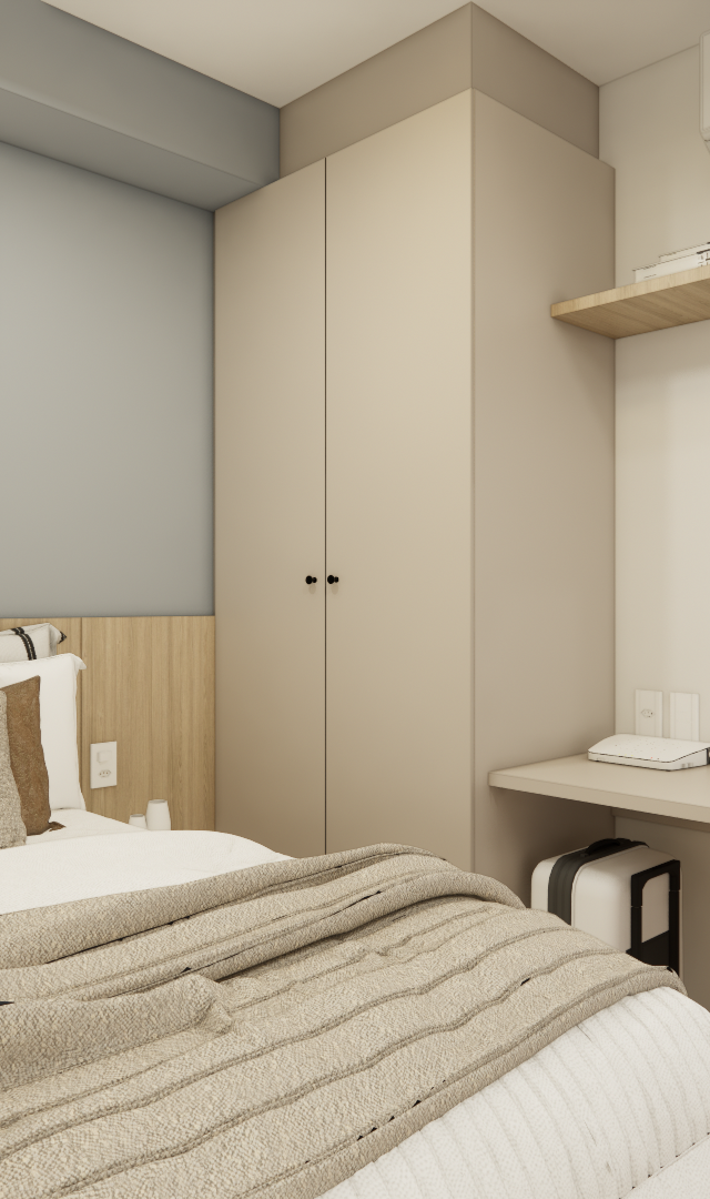 Render 3D de quarto no BN - NEXT ONE JOÃO CACHOEIRA com cama, marcenaria em tons neutros, mesa de estudo e quadros na parede