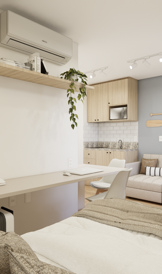 Render 3D de estúdio compacto BN NEXT ONE João Cachoeira com tons neutros, marcenaria clara, área de trabalho e cozinha