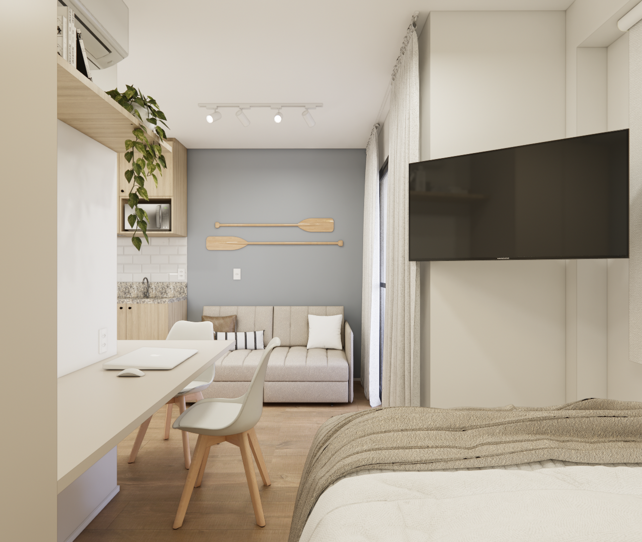 Render 3D de estúdio compacto BN NEXT ONE João Cachoeira com tons neutros, bancada de trabalho, sofá e cama iluminados