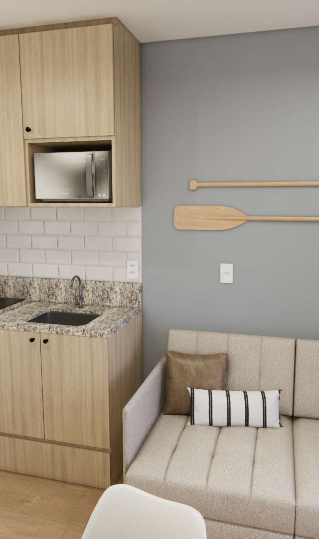 Render 3D de estúdio com marcenaria em madeira, bancada de granito, sofá bege e parede cinza com remos decorativos