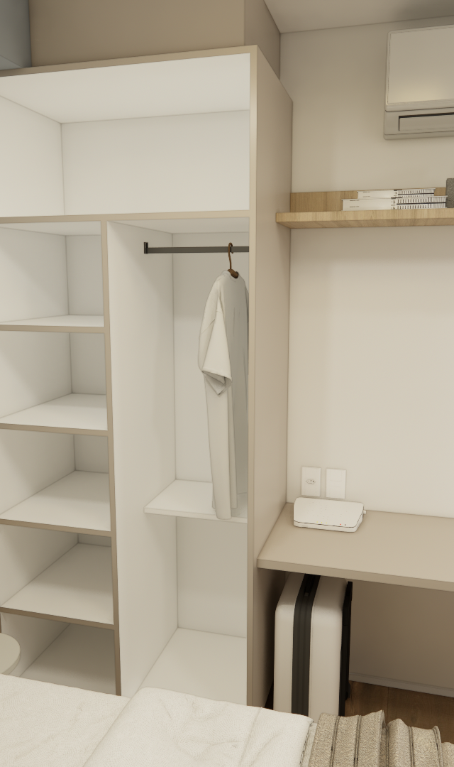 Render 3D de quarto com marcenaria integrada bege, bancada de estudos, prateleira de madeira, ar-condicionado e decoração