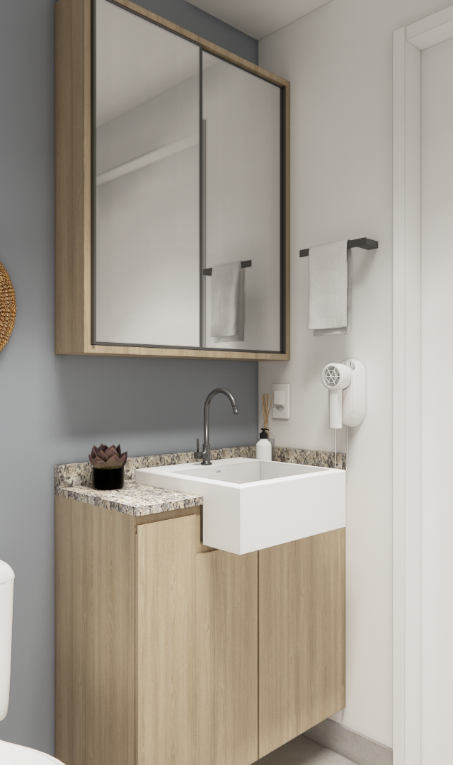 Render 3D de banheiro com parede cinza, marcenaria em madeira clara, bancada em granito, espelheira e cestos decorativos