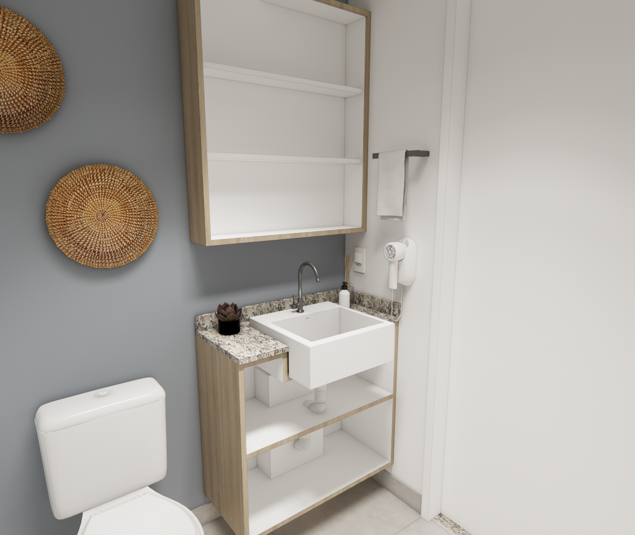Render 3D de banheiro: marcenaria em madeira clara, pia em granito, parede cinza com adornos em palha e iluminação neutra