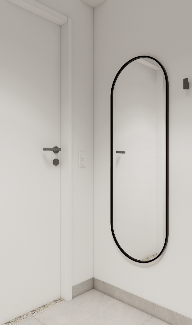 Render 3D de banheiro moderno, tons claros, bancada em granito, marcenaria amadeirada, espelho oval preto e metais pretos