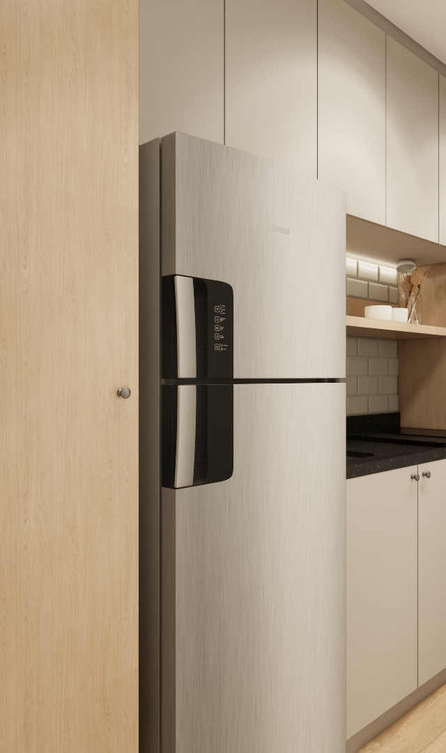 Render 3D de cozinha compacta com marcenaria em tons de madeira e cinza, geladeira inox, bancada preta e iluminação focada