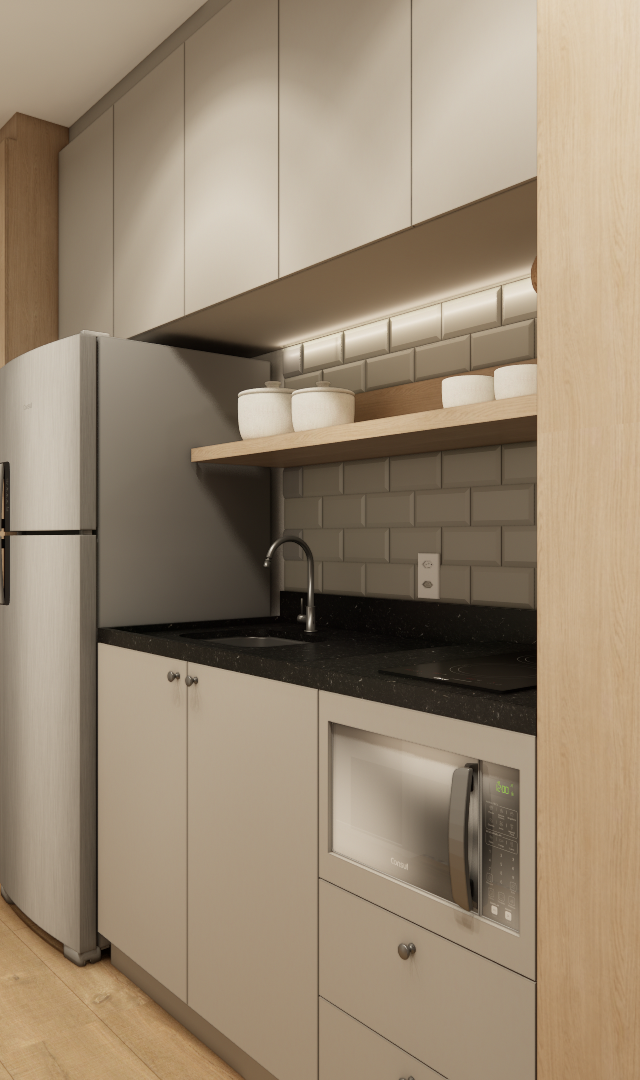 Render 3D de cozinha compacta com marcenaria em tons de bege e madeira, bancada preta, iluminação led e piso amadeirado