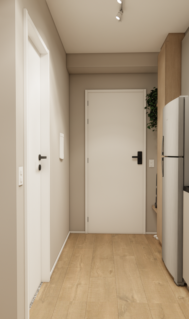 Render 3D de corredor com cozinha compacta, armários beges, bancada preta, piso amadeirado e espelho oval refletindo quarto