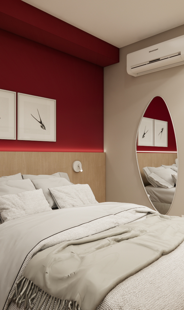 Render 3D de quarto com parede vermelha, painel de madeira, cama cinza, espelho oval, ar-condicionado e luz indireta