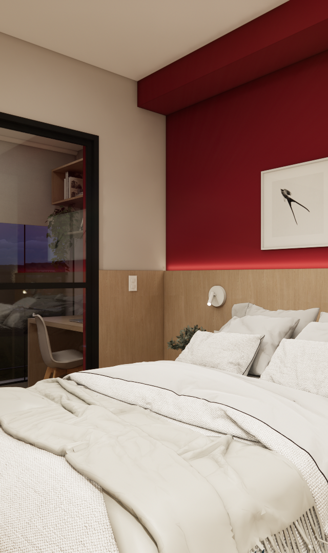 Render 3D de quarto no Le Hub Brooklin com parede vermelha, painel de madeira, cama branca e porta de correr em vidro