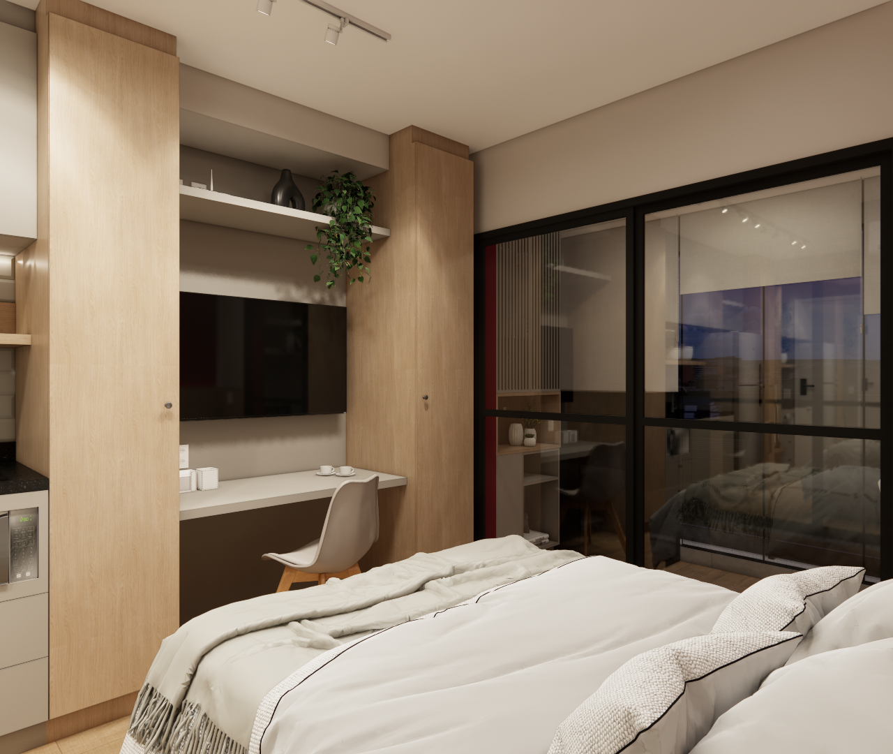 Render 3D de quarto com marcenaria em tons amadeirados, copa integrada, escrivaninha, cama e porta de vidro preta