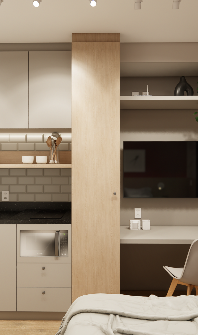 Render 3D de estúdio com cozinha compacta, marcenaria em tons de bege e madeira, bancada de trabalho e iluminação embutida