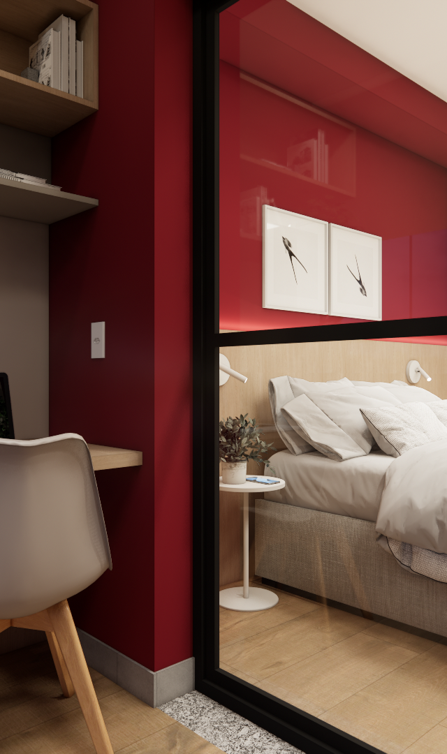 Render 3D de quarto LE HUB Brooklin com home office, parede vermelha, divisória de vidro preta e marcenaria em madeira