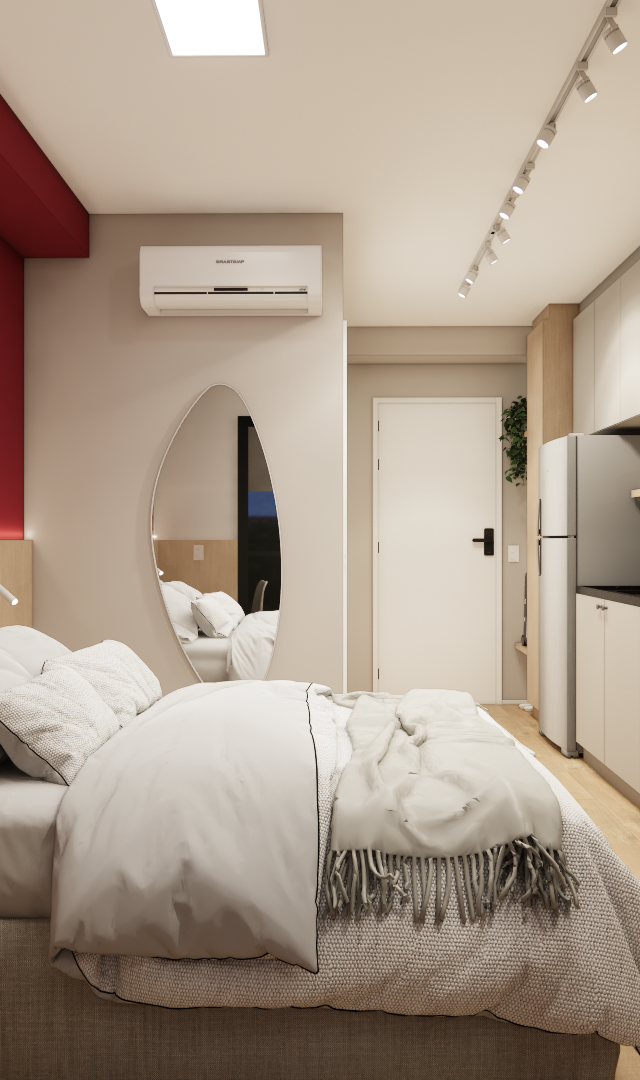 Render 3D de estúdio com parede vermelha, marcenaria em tons de madeira, cama, espelho oval e iluminação em trilho