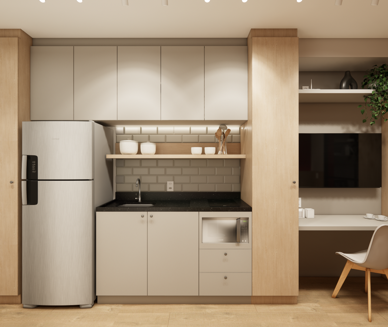 Render 3D de cozinha compacta com marcenaria em tons de bege e madeira, bancada preta, eletrodomésticos e área de trabalho