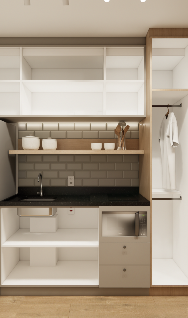 Render 3D de estúdio com marcenaria em madeira e branco, cozinha compacta, bancada de trabalho, geladeira e iluminação LED