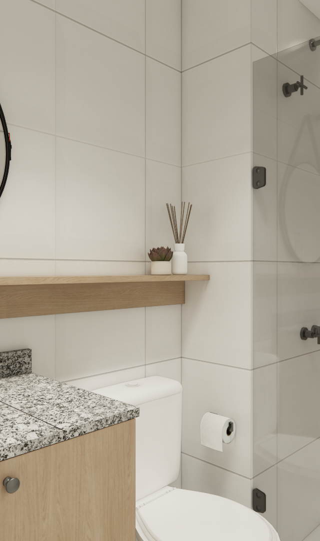 Render 3D de banheiro moderno com revestimento branco, bancada de granito, gabinete em madeira clara e box de vidro
