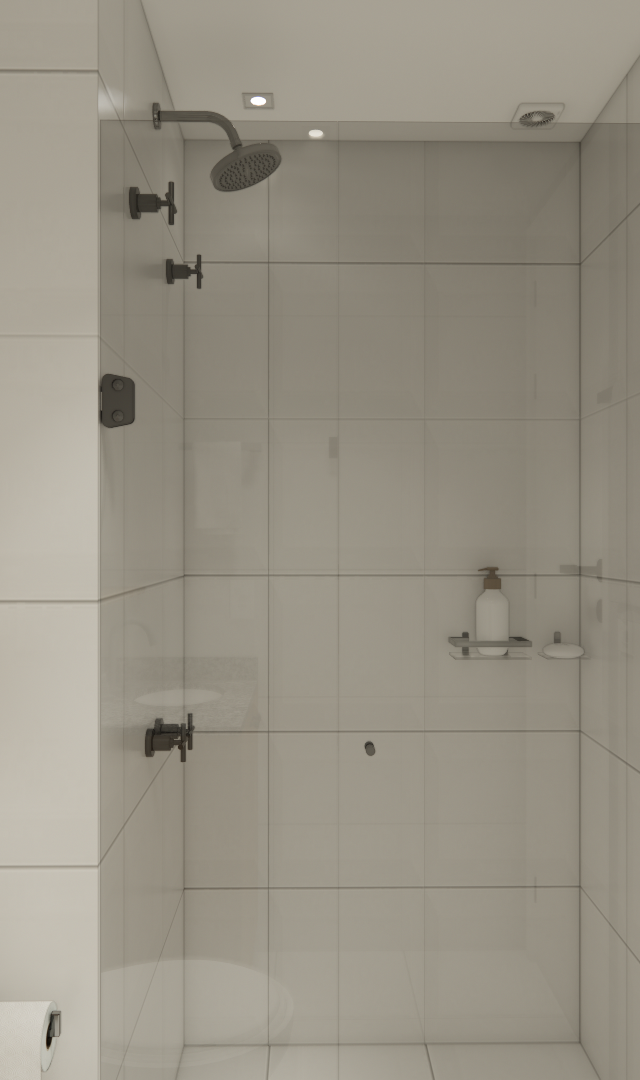 Render 3D de banheiro moderno com azulejos claros, box de vidro, metais pretos e prateleira de madeira no Le Hub Brooklin