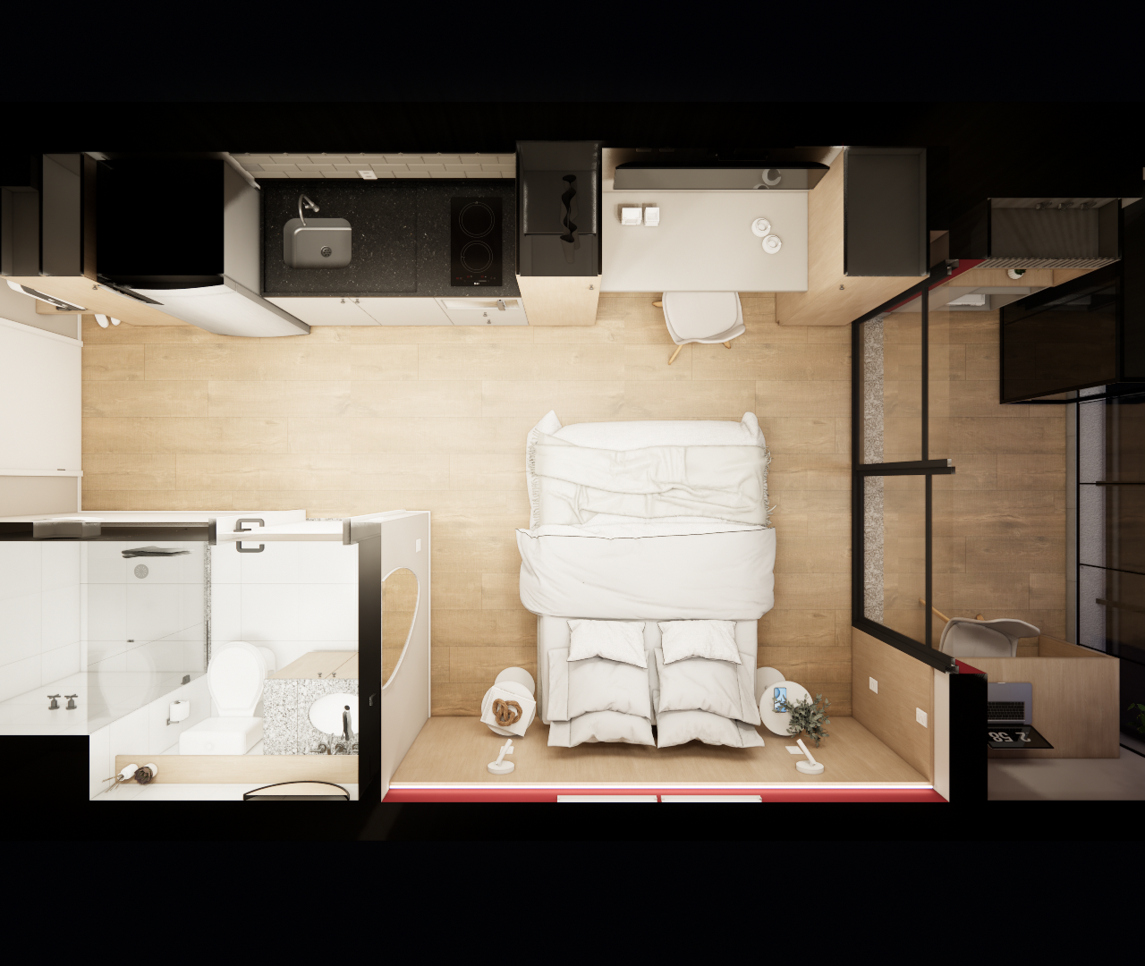 Planta baixa 3D de studio com cozinha, cama de casal, banheiro, home office, piso amadeirado e tons neutros de iluminação
