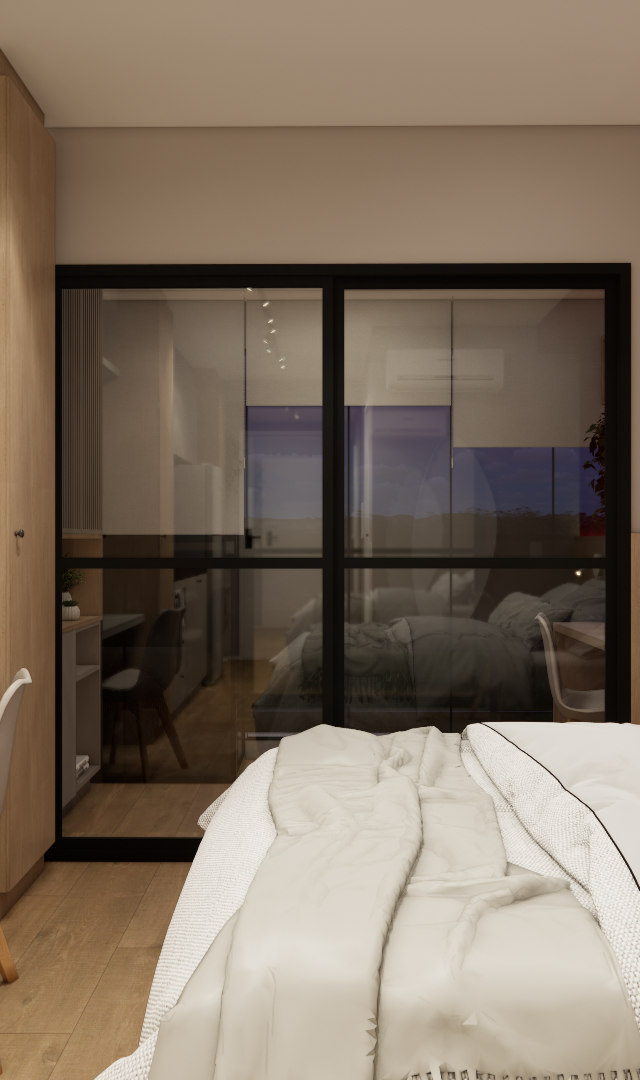 Render 3D de dormitório com marcenaria clara, parede vermelha, cama de casal, mesa de trabalho e porta de vidro preta