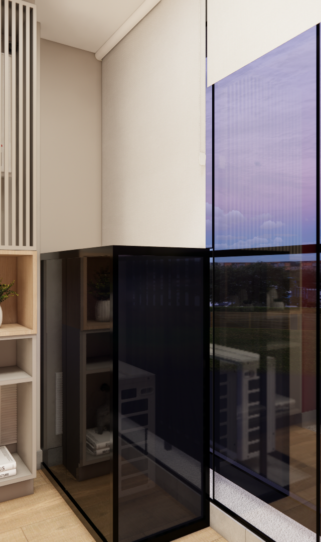 Render 3D de varanda gourmet com marcenaria ripada bege, nichos iluminados, fechamento em vidro e vista para o bairro