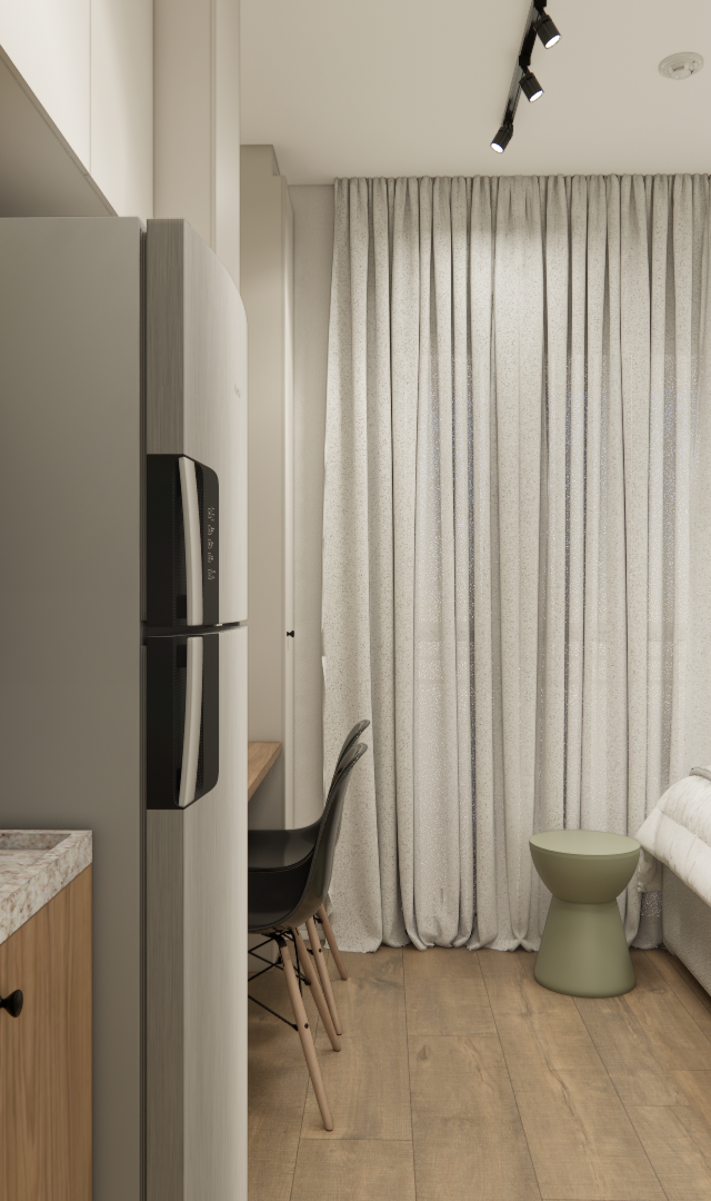 Render 3D de estúdio de 22m² com cozinha integrada, marcenaria em madeira, tons neutros, verde e iluminação em trilho